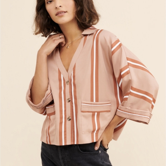 Sancia Vara Tencel Striped Boyfriend Shirt Size Large - Picture 1 of 10